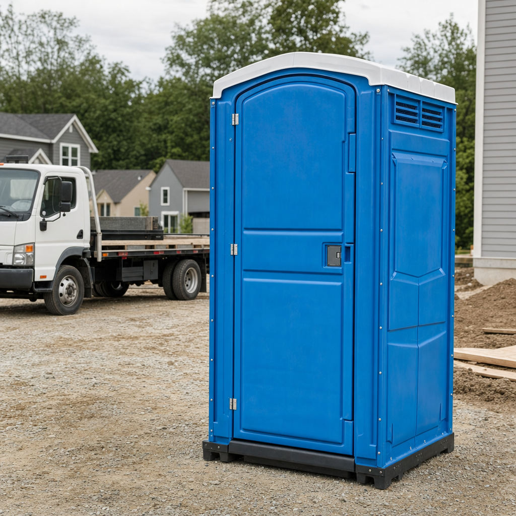 Delivery driver positioning a clean royal-blue portable toilet on level ground at a Fort Worth worksite