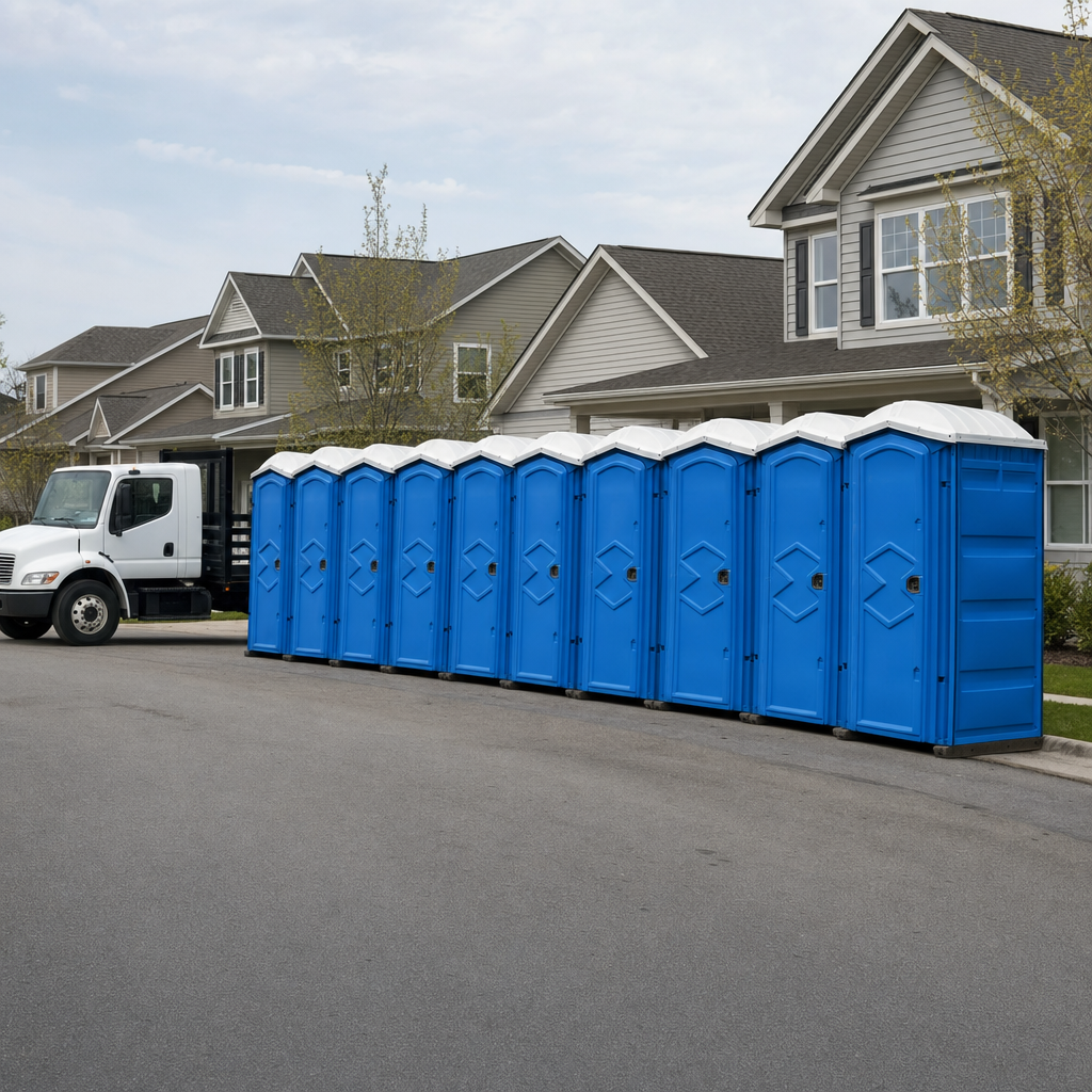 Royal blue portable toilets staged in a tidy row at a Fort Worth jobsite, ready for delivery
